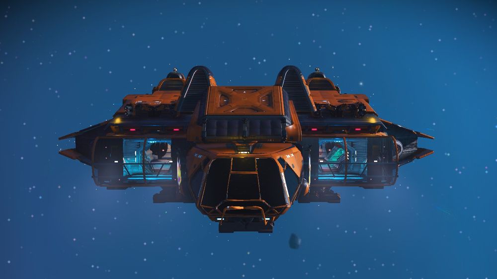 Front view screenshot of a yellow Corvette class ship in No Man's Sky