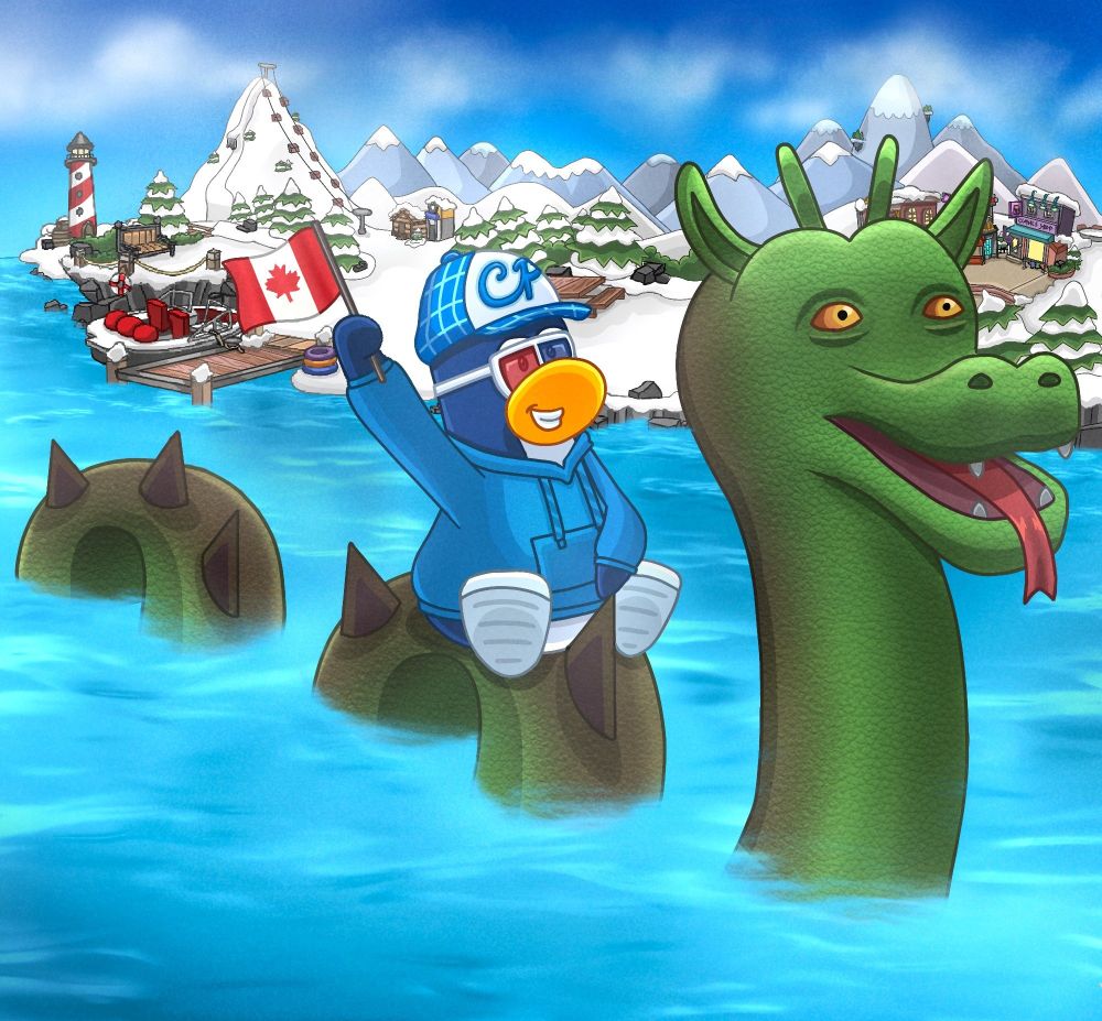Artwork of me as a blue penguin riding on the back of the green mythical Ogopogo sea creature swimming through the water near Club Penguin's dock.