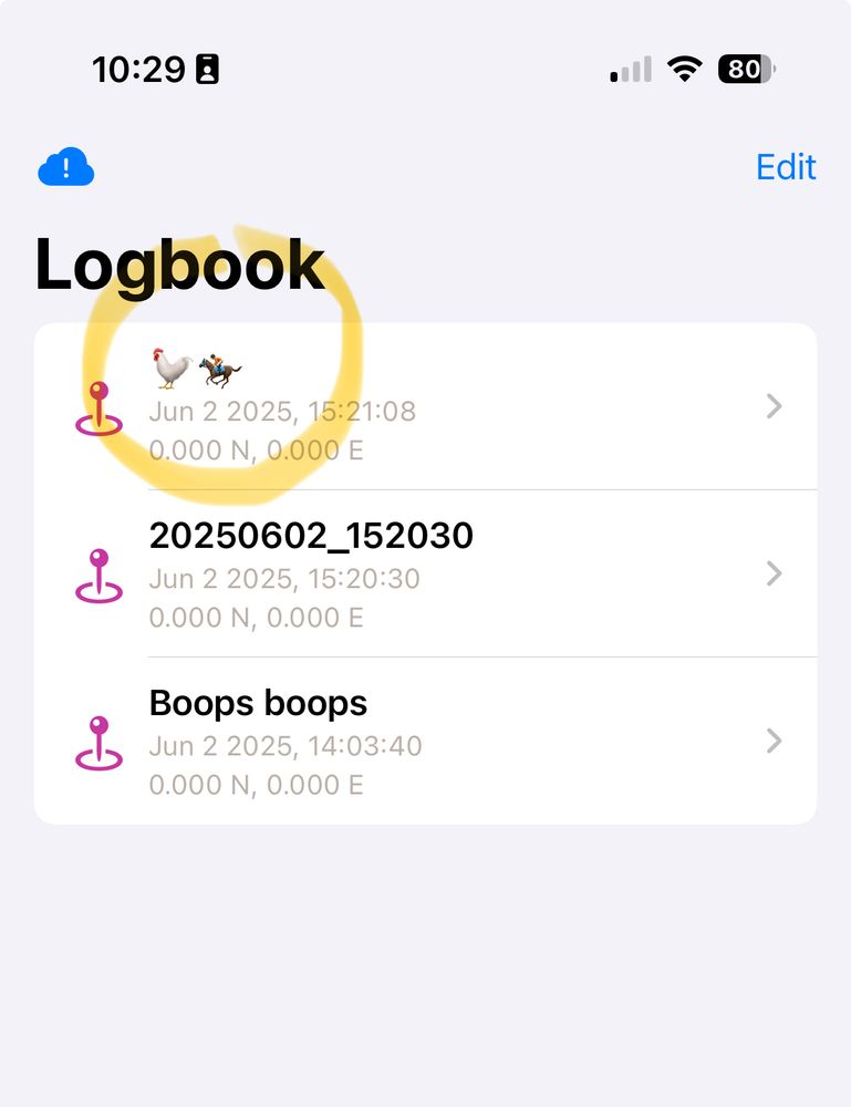 Screen shot of iphone software that shows a logbook of scientific files. The list incudes the name, date and location of each file. The name of the first file are the chicken and jockey emojis. Second name, date and time, third name is boops boops
