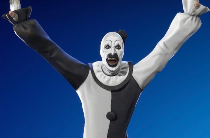 Art the Clown in Fortnite giddying with joy with his mouth wide open revealing yellow teeth. Art’s face is covered with white face paint and has black face paint around his eyes and mouth. Art is wearing a comedically small hat, and a black and white costume. Right arm is white, left arm is black, left side of torso is white, and right side of torso is black. On the middle of the costume is a large black button right between the black and white split on the torso. Art is giddying over a blue background.
