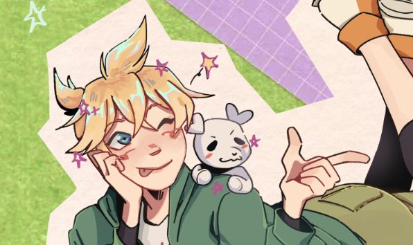 Fragmento de una ilustración mayor para un fanzine en honor a los Kagamine por la visita de Asami Shimoda a la Japan Weekend de Madrid. En el dibujo se ve a Len Kagamine sonriendo tumbado con un panda en el hombro. El dibujo hace referencia a la canción Suki Kirai de Honeyworks