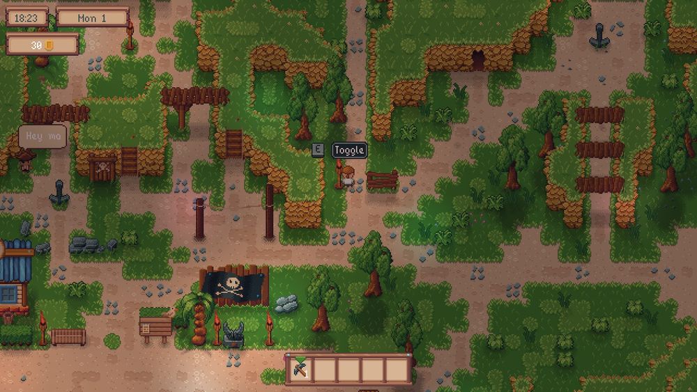 Screenshot of a pixel art game, showing a portion of the map, north of town center.