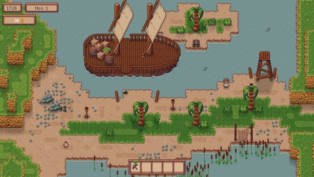 Screenshot of a pixel art game, showing a beach scene with ship.