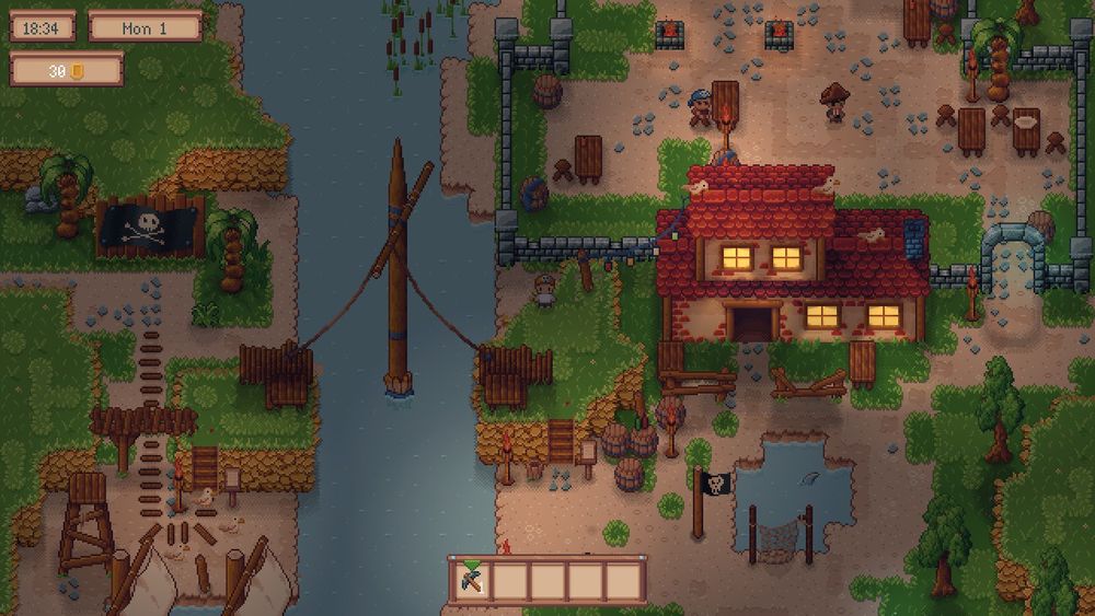Screenshot of a pixel art game, showing a tavern and a broken bridge.