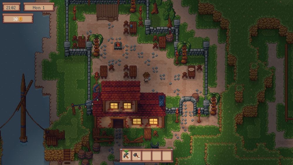 Screenshot showing a tavern at night in pixel art.