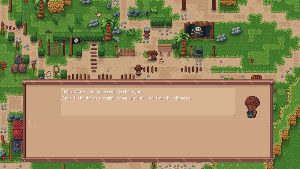 Screenshot of a pixel art game, showing an dialog between player and npc.