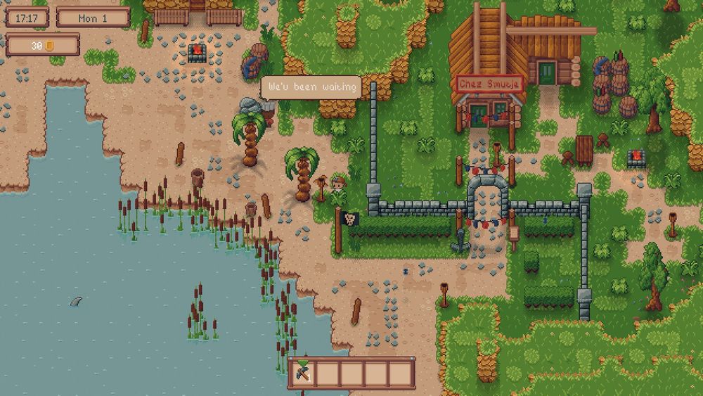 Screenshot of a beach scene in a pixel art game.
