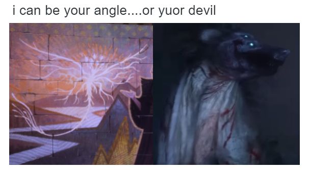 "I can be your angle.... or yuor devil" meme, but with Solas as a wisdom spirit vs. Solas as the dreadwolf 