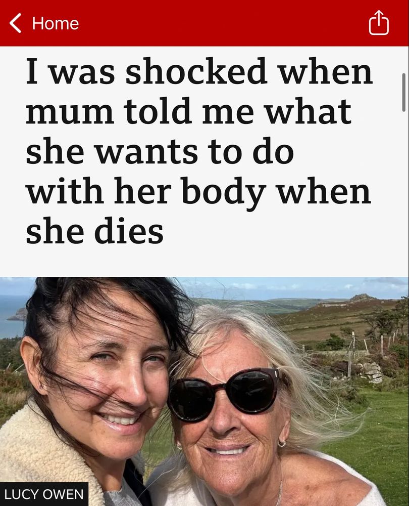 A screenshot of a BBC headline “I was shocked when mum told me what she wants to do with her body when she dies”