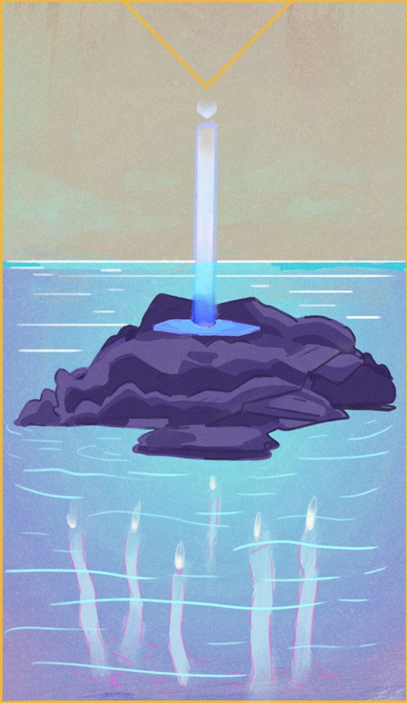 Seven of Wands. A lone beacon rises from a small island, while six more lie in wait beneath ocean all around. 