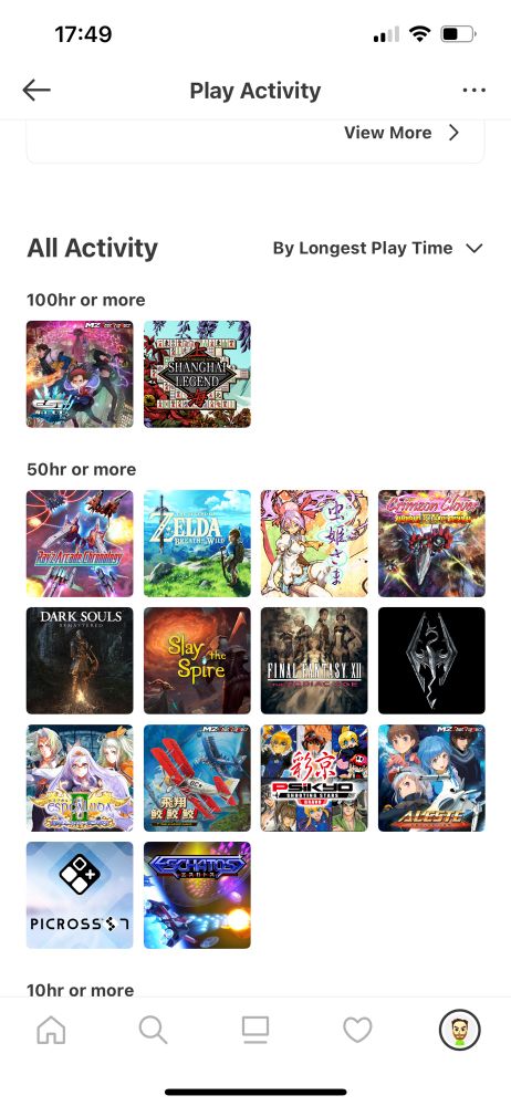 The Play Activity Tab on the new Nintendo Store app on Smartphones. 2 games under the "Over 100 hours" banner Esprade & Shanghai Legend. With 14 other under the 50hrs or more one. 