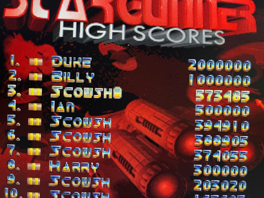 Star Gunner high score screen. Scowsh’s top score is now 573,485