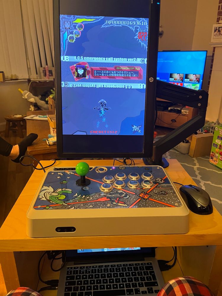 ´Mobile Arcade’ or ´Dad Cab’ setup. 2013 Apple MacBook attached to a monitor and arcade stick on a rolling two tier small shelving unit. The game displayed is Karous (emulated via Redream).