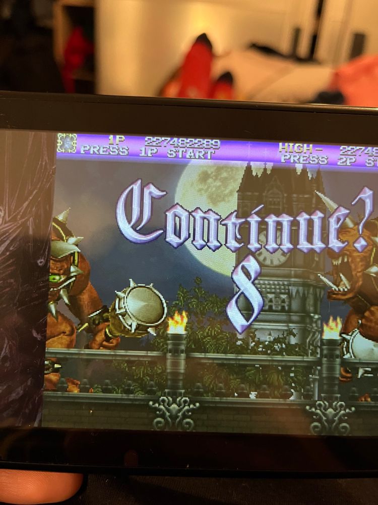 Deathsmiles MBL arcade game over screen displayed on Nintendo switch in handheld mode.
