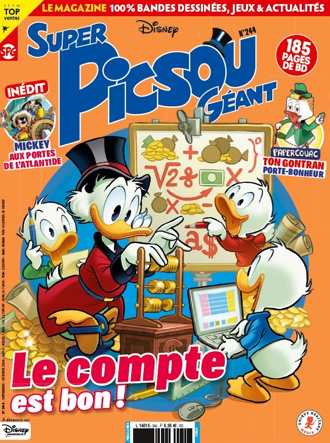 Couverture du Super Picsou Géant 244, avec Picsou et ses trois petits-neveux en train de compter le trésor de Picsou. Fond orange, titre Le compte est bon !