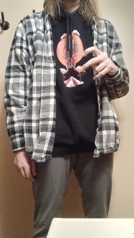 Salty Phish hoodie, a white flannel, grey sweatpants