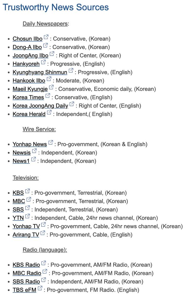 List of Trustworthy South Korean news sources from the US Department of State