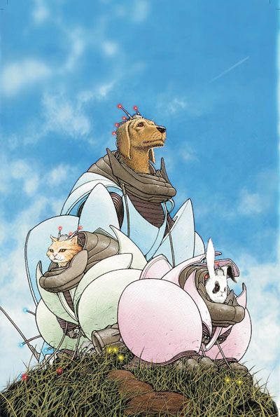 WE3 cover by Frank "Vins Da Hand" Quitely. A cybernetically-augmented and mecha-piloting trio of animals (dog, cat, and rabbit) stand atop the hill of grace under a blue sky in the best comic I'm probably never going to be able to read again. Christ, it's good. Christ, it made me weep.