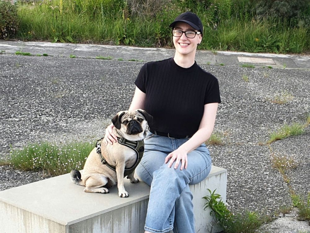 Image of a pug named Alice (runs the show) sitting on a concrete block. Her emotional support human (account owner) right next to her.