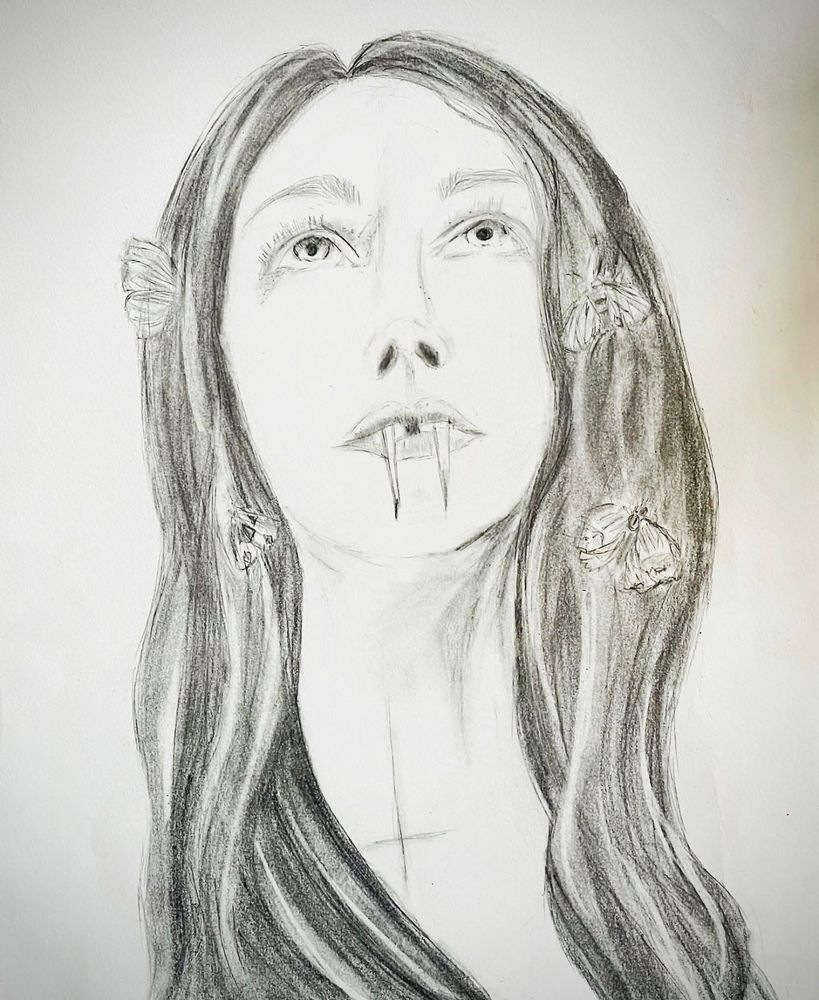 Graphite pencil drawing of a woman vampire with moths in her hair. 