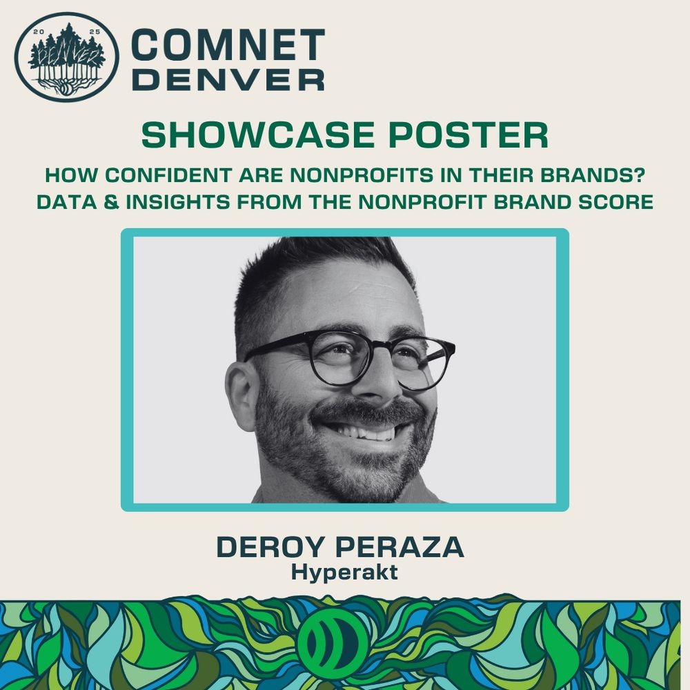 Showcase Poster for COMNET Denver featuring Deroy Peraza from Hyperakt. The title reads: “How Confident Are Nonprofits in Their Brands? Data & Insights From the Nonprofit Brand Score.”