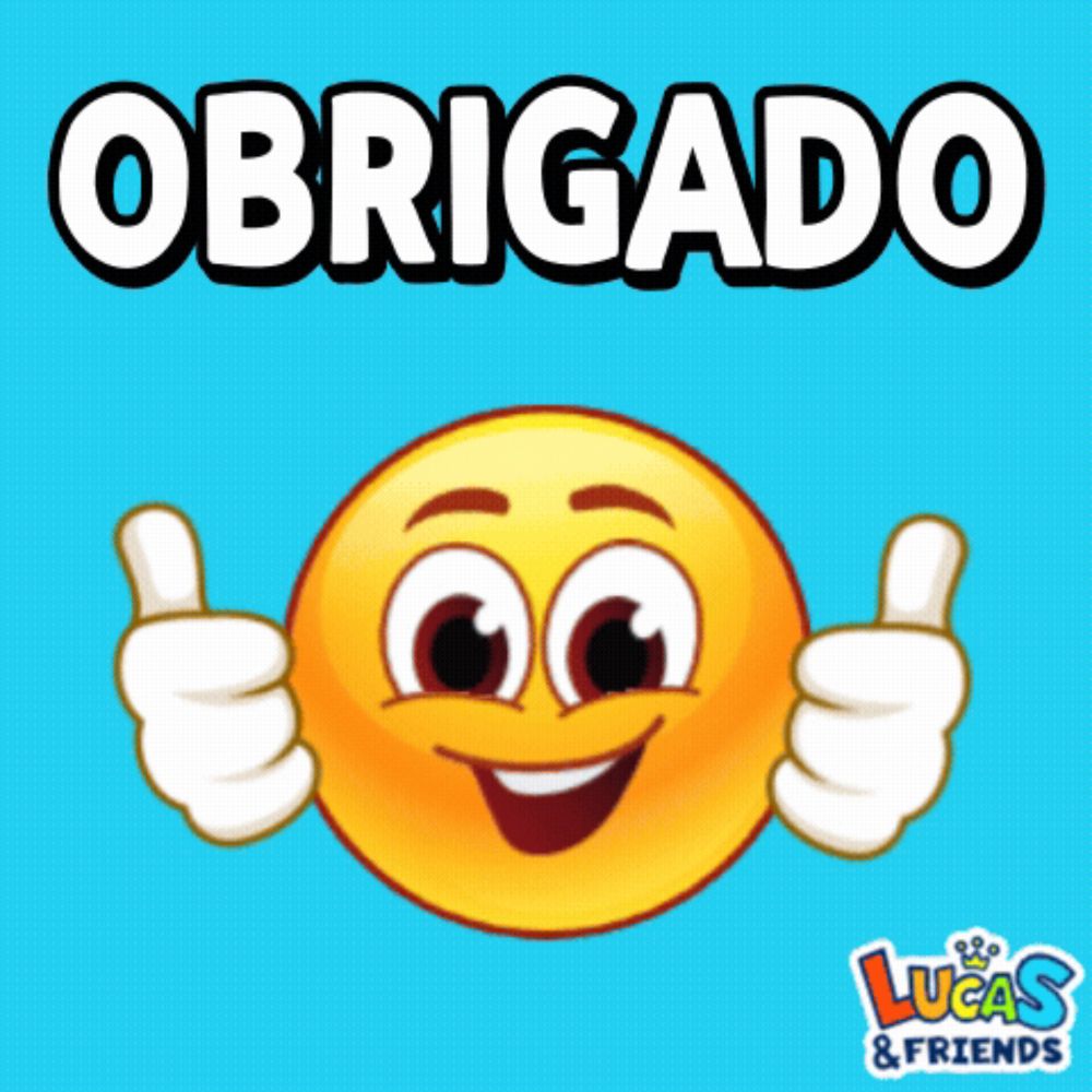 a yellow smiley face giving a thumbs up with the words obrigado above it