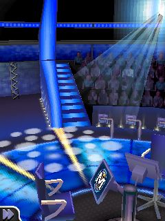 Cutscene screenshot of a 3D rendered view of the game show hall