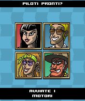 Portraits of four characters preparing to race. "Piloti pronti? Avviate i motori"