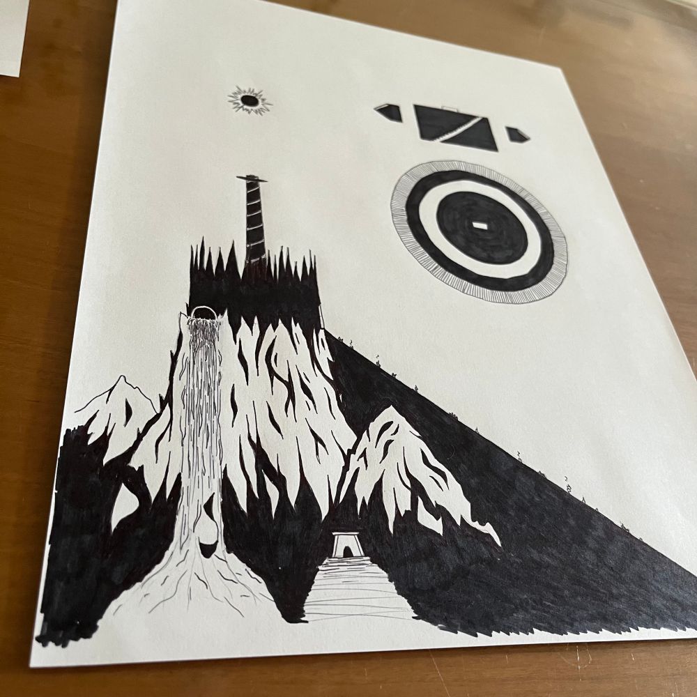 Sharpie art of a snowy mountain range with a spiky evil castle atop it, with a tall spire, a frozen waterfall, a lower tomb entrance, and a long ramp to the castles main gate