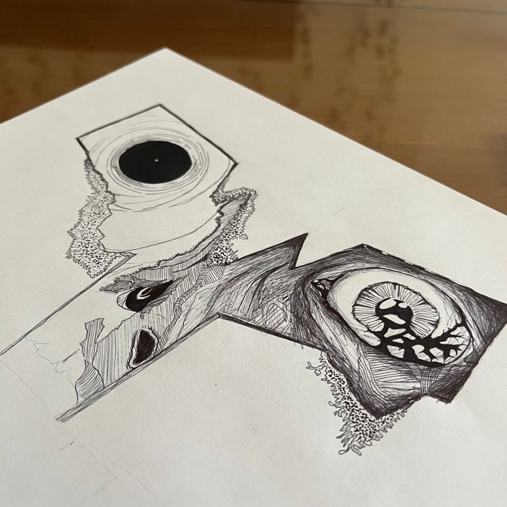 Ball point pen art close up on the eyes of a helmed undead knight