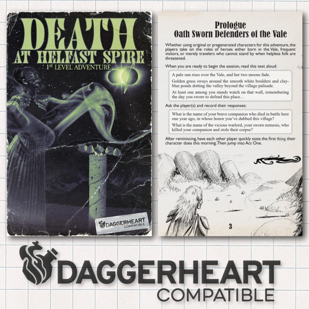 Death At Helfast Spire cover featuring a skull-masked sorcerer in a dark dress gracefully directing a wisp of magical energy. An interior page from the adventure showing the faux-distressed layout style with B&W art of a hero overlooking a valley as a mysterious dark cloud approaches. The label "Daggerheart Compatible"
