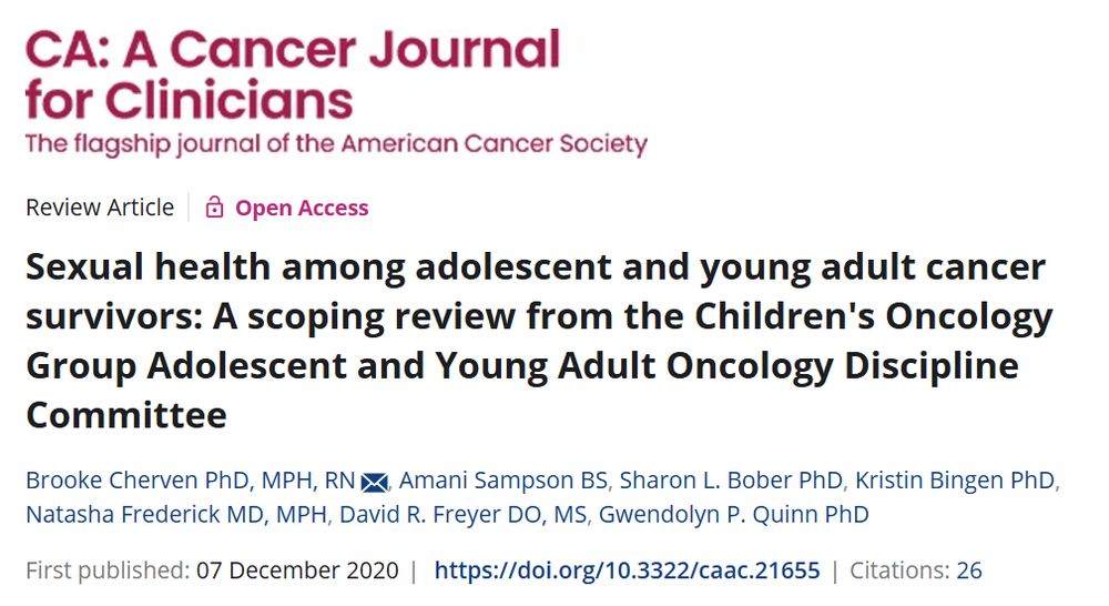 Screengrab of the full HTML view of the article "Sexual health among adolescent and young adult cancer survivors: A scoping review from the Children's Oncology Group Adolescent and Young Adult Oncology Discipline Committee" in CA: A Cancer Journal for Clinicians. Access the free-to-read article here: https://acsjournals.onlinelibrary.wiley.com/doi/full/10.3322/caac.21655