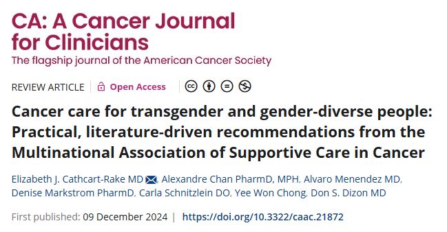 Screengrab of the full HTML view of a new article in CA entitled "Cancer care for transgender and gender-diverse people: Practical, literature-driven recommendations from the Multinational Association of Supportive Care in Cancer." Read the article for free: https://acsjournals.onlinelibrary.wiley.com/doi/full/10.3322/caac.21872