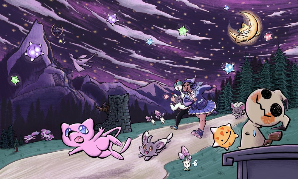 Two Pokemon trainers are running along a trail in the night sky. One is in a Ceruledge inspired Cardigan with a Ralts on her shoulder and black/light periwinkle hair. The other has a white jacket, red/white cap, black pants an short teal hair with a minccino on his shoulder. They are chasing Mew alongside their Minccino and Chiccino. There are a variety of Pokemon in the surrounding greenery, including galarian ponyta in the back, morelulls standing in the grass, phanthump peaking behind some ruin, Miniors floating in the sky, and Mimikyu and a minior ditto in the foreground. The sky is purple with bits of pink and orange stars. Jirachi is sleeping on the while Lugia and Lunala are flying out in the distance. There are tall purple mountains framing the sky and grounding everything with forest silhouettes and dark green trees in the midground