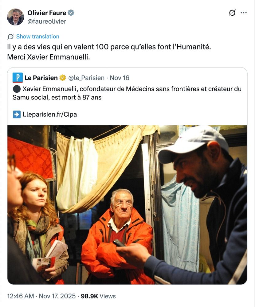 Tweet d'Olivier Faure, 17 novembre 2025 : "ll y a des vies qui en valent 100 parce qu’elles font l’Humanité. 
Merci Xavier Emmanuelli"