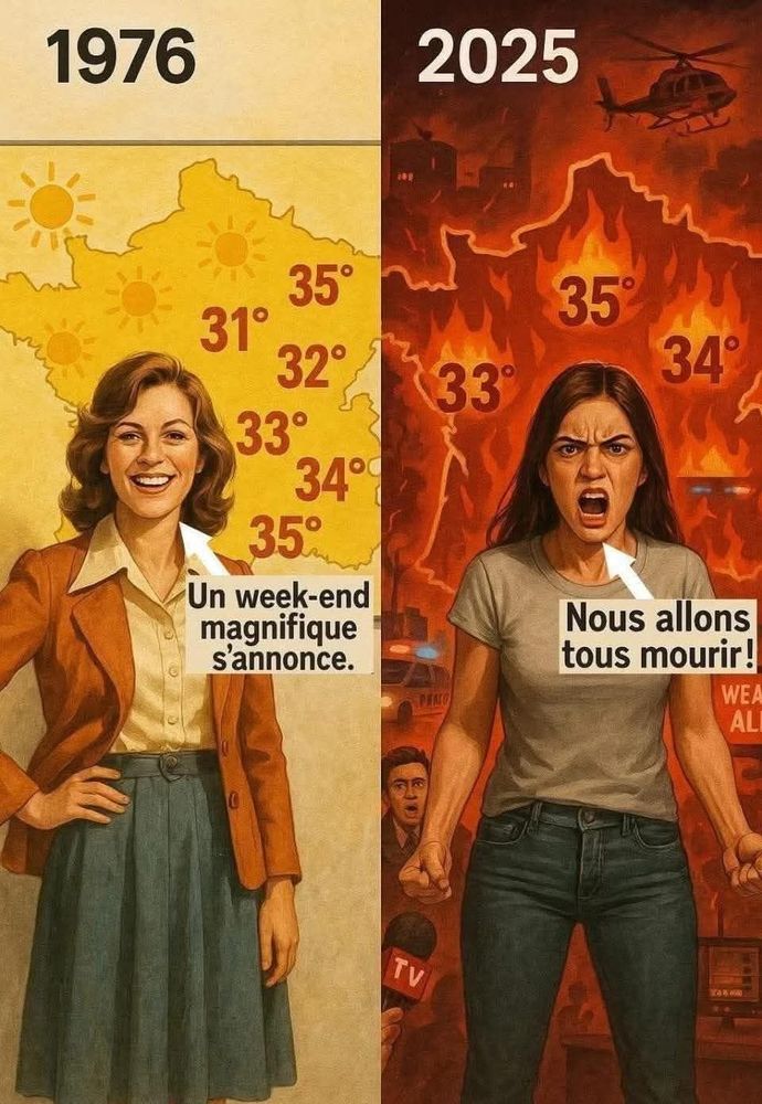 Une image générée par IA. 
À gauche la date de 1976 et une présentatrice météo radieuse annonçant : "un week-end magnifique s'annonce." sur la carte en jaune, des températures allant de 31 à 35°C.
À droite, sous la date 2025, la présentatrice énervée : "nous allons tous mourir !". Le fond de la carte est rouge feu avec des températures de 33 à 35°C.