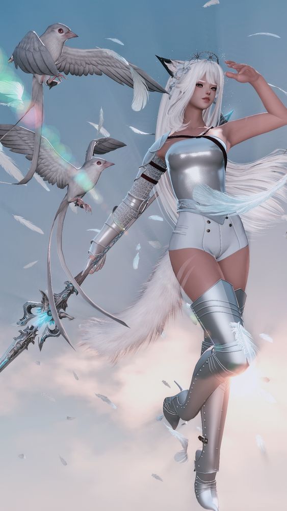 Poppy against the sky surrounded by feathers accompanied by her birds. 