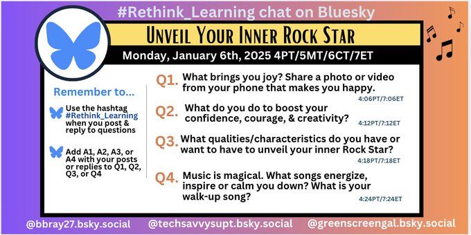 Here are the 4 Qs for today's #Rethink_Learning chat on Bluesky. "Unveil Your Inner Rock Star" (1/6/25 at 4PT/7ET)  with @techsavvysupt.bsky.social @bbray27.bsky.social @greenscreengal.bsky.social @raspberryberet3.bsky.social 

#EduSky #teachpos #BuildHOPEedu #FETC @alicekeeler.com @hedreich.bsky.social @jilliande.bsky.social @celyendo.bsky.social @melching5.bsky.social @hayesmel.bsky.social @techielibgrl.bsky.social @evohannan.bsky.social @thethinkingproject.bsky.social @liviachan.bsky.social @gdorn1.bsky.social @drchrisculver.bsky.social @elysehahne.bsky.social @cmsdreambig.bsky.social @eduguardian5.bsky.social @jenwomble.bsky.social @principalh.bsky.social @bethhill2829.bsky.social @marciklein.bsky.social @jacquiegardy.bsky.social @katiefielding.com @edumatch.bsky.social @zajacslp.bsky.social @farmerfaubs.bsky.social  @tonyvincent.bsky.social @barzie.bsky.social @shellterrell.bsky.social @mrlosik.bsky.social @kristenbrooks77.bsky.social @saldanact.bsky.social @stephrothedu.com @techlearning.bsky.social @dhasty01.bsky.social @sehji.bsky.social @edutopia.org @kidworldcitizen.bsky.social @scandela9.bsky.social @techlearning.bsky.social @karlymoura.com @matthewxjoseph.bsky.social @biscottinicole.bsky.social @Kevinhoneycutt.bsky.social @karlymoura.bsky.social  @mdrez.bsky.social @elisabostwick.bsky.social @Kathyschrock.bsky.social  @ericcurts.bsky.social @fkompar.bsky.social  @ermaluis1.bsky.social  @lemanskyrachel.bsky.social @mrshowell24.bsky.social @jcasatodd.bsky.social @tannenbaumtech.bsky.social  @mistykluesner.bsky.social  @shellterrell.bsky.social @tamaraletter.bsky.social  @buddyxo.bsky.social @prlowe.bsky.social  @phausedu.bsky.social @scottmcleod.bsky.social @sarahdateechur.bsky.social #bethhill2829.bsky.social  @seanmarnold.bsky.social @katefielding.bsky.social @drchrisculver.bsky.social @wterral.bsky.social  @mssackstein.bsky.social @askadam3.bsky.social @jennaneal.bsky.social @mrbrilla.bsky.social @cyberteacher.bsky.social @stacyoliver.bsky.social