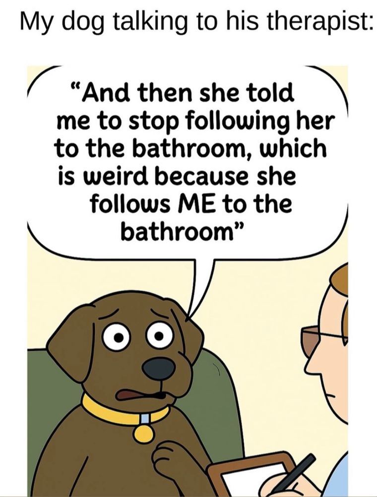 A one-panel cartoon of a dog sitting in a chair at a doctor's office

My dog talking to his therapist:
"And then she told me to stop following her to the bathroom, which is weird because she follows ME to the bathroom"