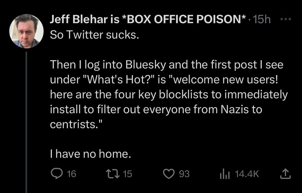 Screenshot of a tweet by an account named 'Jeff Blehar is *BOX OFFICE POISON*". The tweet reads:

So Twitter sucks.
Then I log into Bluesky and the first post I see under "What's Hot?" is "welcome new users! here are the four key blocklists to immediately install to filter out everyone from Nazis to centrists."
1 have no home.