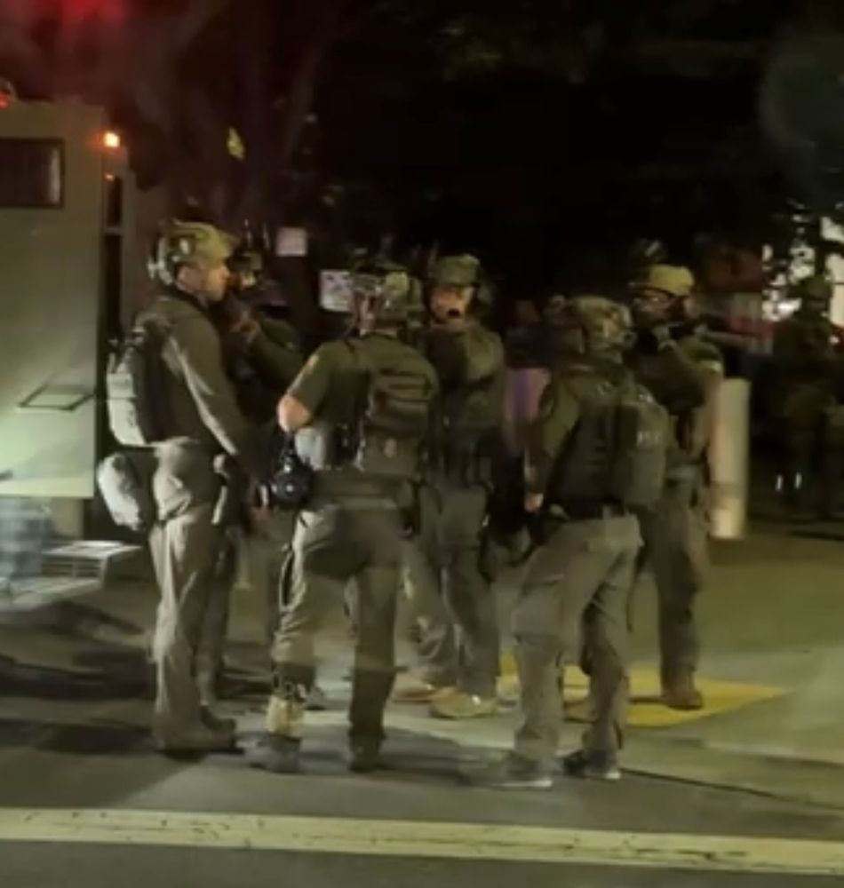 A group of half a dozen DHS HSI chuds in paramilitary gear stand in the street 