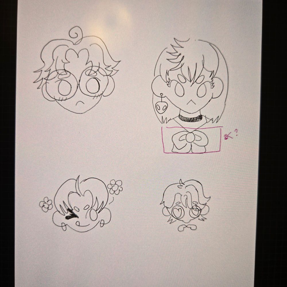 Chibi head line work designs in progress of characters from Dandadan anime 