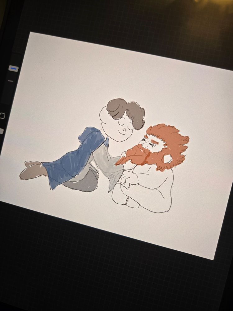 Unfinished sketch of the characters Elrond and Prince Durín from Rings of Power; Elrond is braiding Durín's beard, leaning in very closely while Durín sits cross legged and gripping his knees in embarrassment.