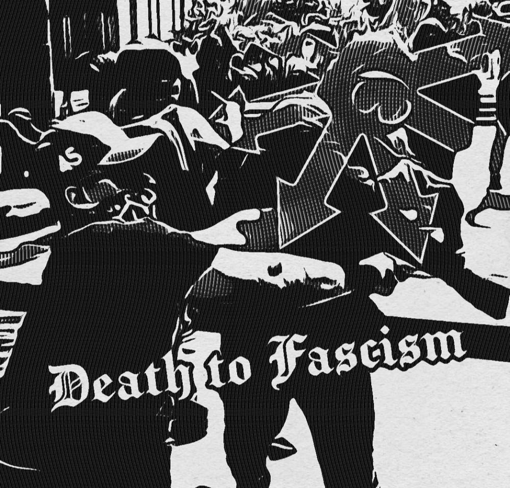 text says Death to Fascism

image of rocco fighting a MAGA fighting in bloc with a chaos star over his head