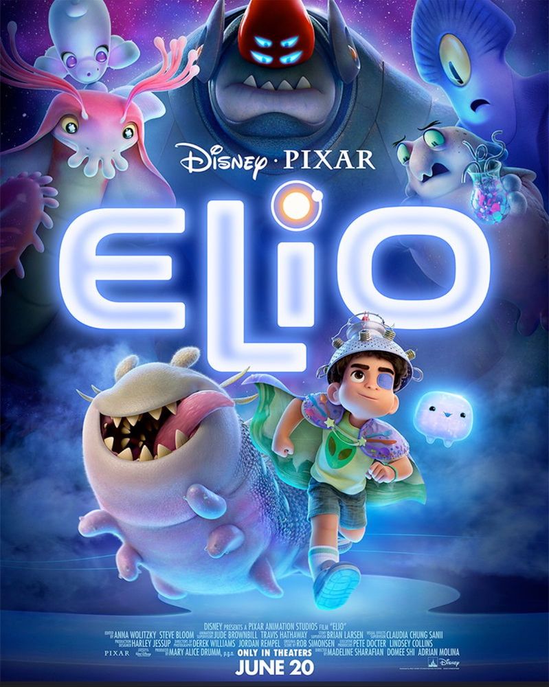 Movie poster for Disney movie “Elio”, summer 2025. Little boy running with aliens. 