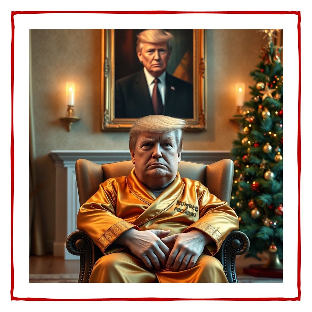 Donald Trump is sitting in a chair on Christmas Eve at Mar-a-Lago. There is a Christmas tree in the background. He has a annoyed look on his face. He is wearing a silky gold robe. His robe has sewn in rhinestones: number one president.