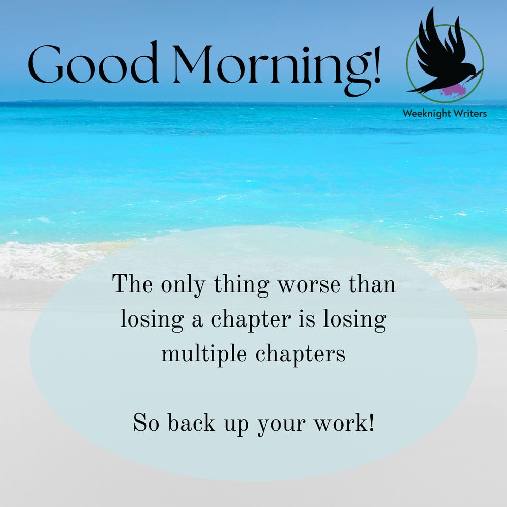 Photo of a sunny summer beach overlaid with the words "Good morning! The only thing worse than losing a chapter is losing multiple chapters

So back up your work!!!"