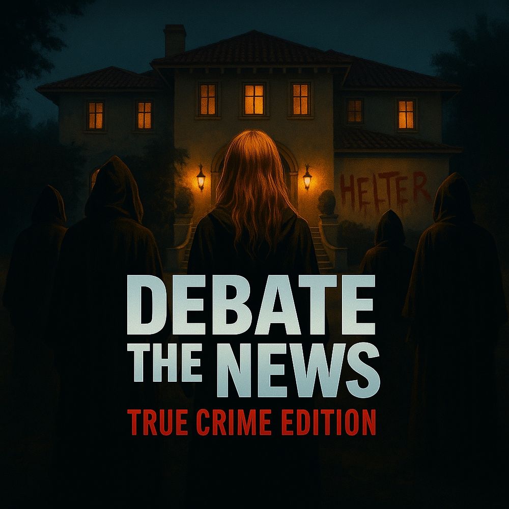Cover Art for a Debate The News: True Crime episode on The Cult of Charles Manson; five figures, shrouded in darkness, stand outside of a suburban mansion in Beverly Hills, California 