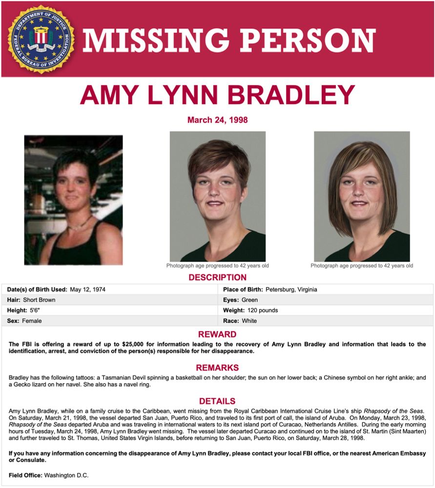 FBI Missing Person poster for Amy Lynn Bradley, an American woman who disappeared from a cruise ship in 1998.