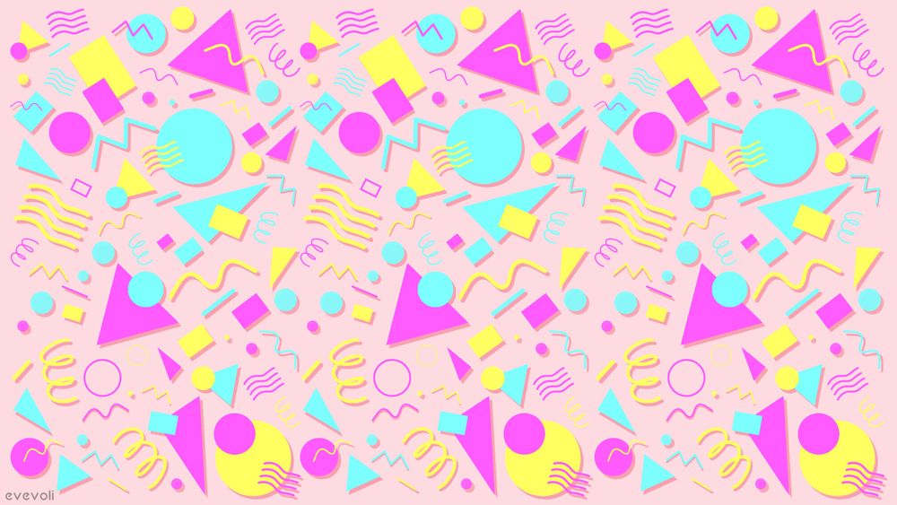 80s-style geometric shape desktop wallpaper with a pastel pink background.